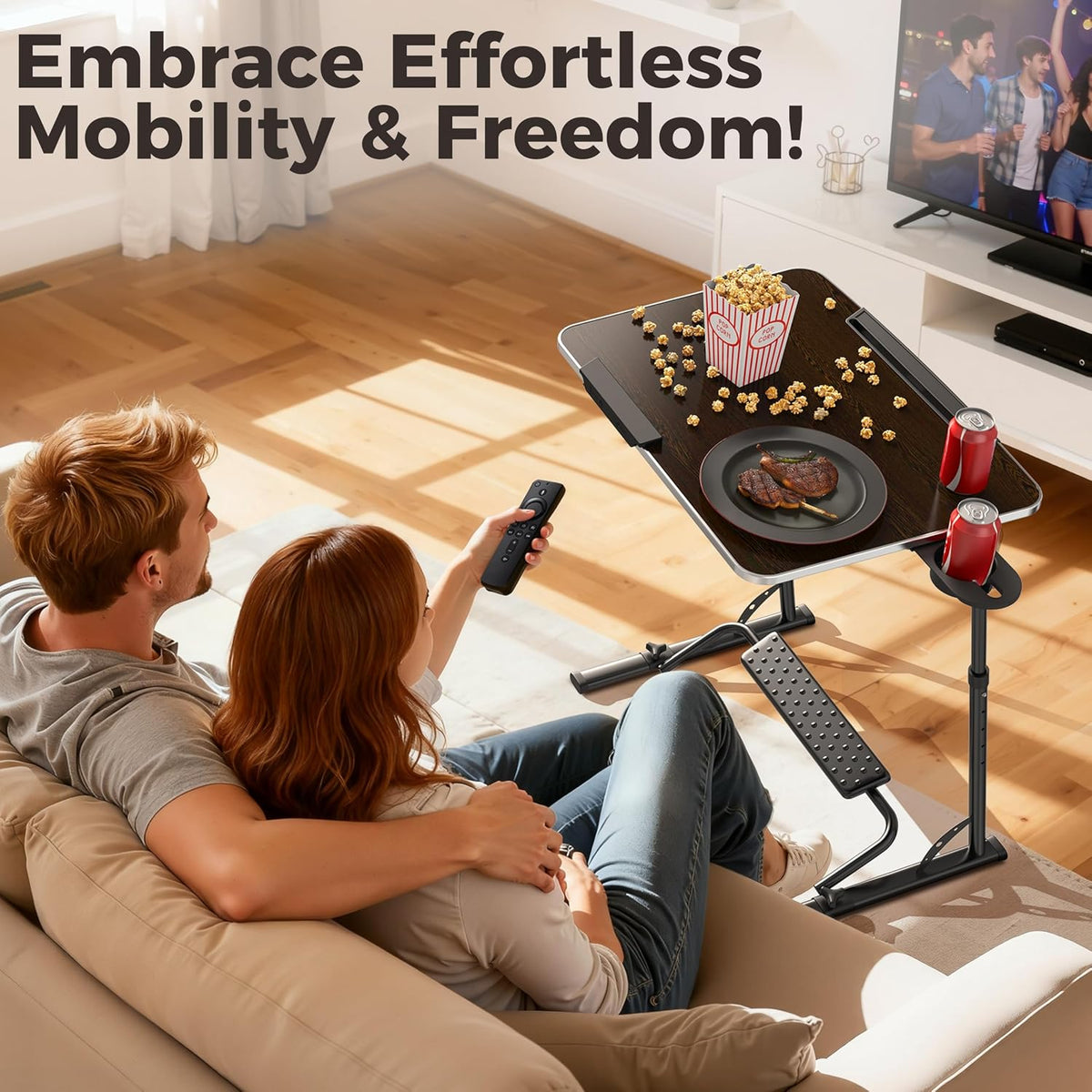 FoldWise Upgraded Folding TV Tray Table, Sturdy Couch & Dinner Laptop Table | Adjustable Height & Angle Portable Desk for Eating, Work & Recliner; Includes Footrest, Cup Holder, iPad Holder, Edge Stopper