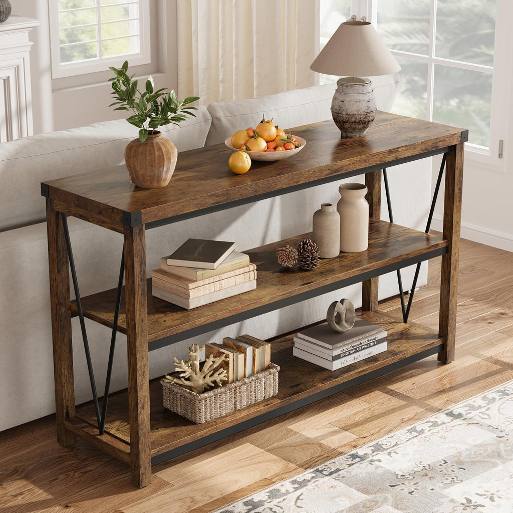Garvee Farmhouse Console Table, 47 in Narrow Long Entryway Table with Storage, 3 Tier Wood Console Table for Living Room, Skinny Sofa Tables Behind Couch, Rustic Hallway Table for Entryway