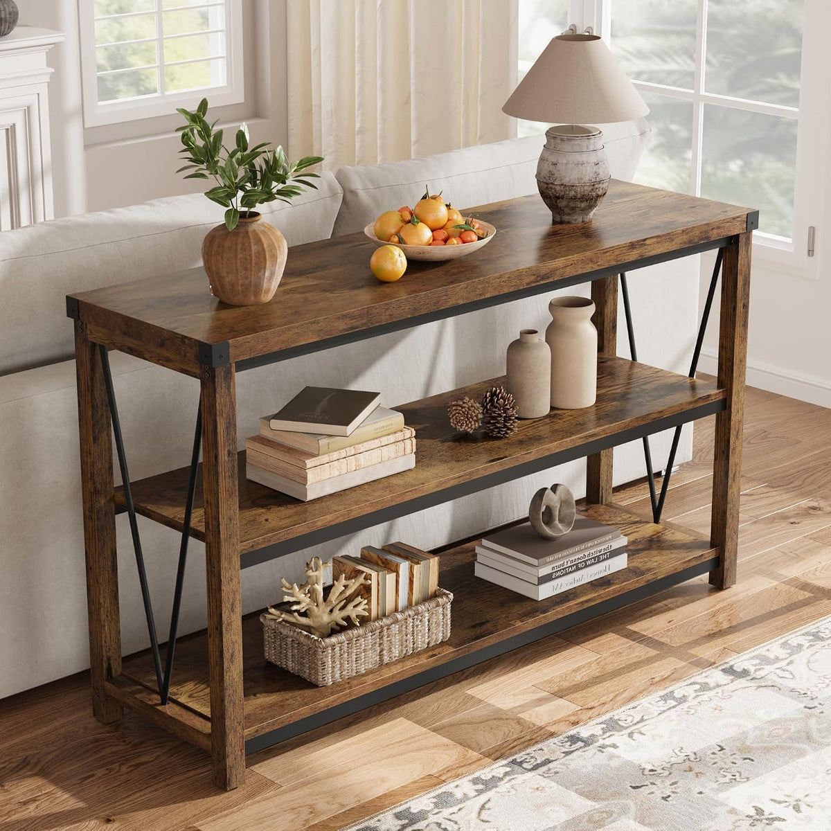 Garvee Farmhouse Console Table, 47 in Narrow Long Entryway Table with Storage, 3 Tier Wood Console Table for Living Room, Skinny Sofa Tables Behind Couch, Rustic Hallway Table for Entryway