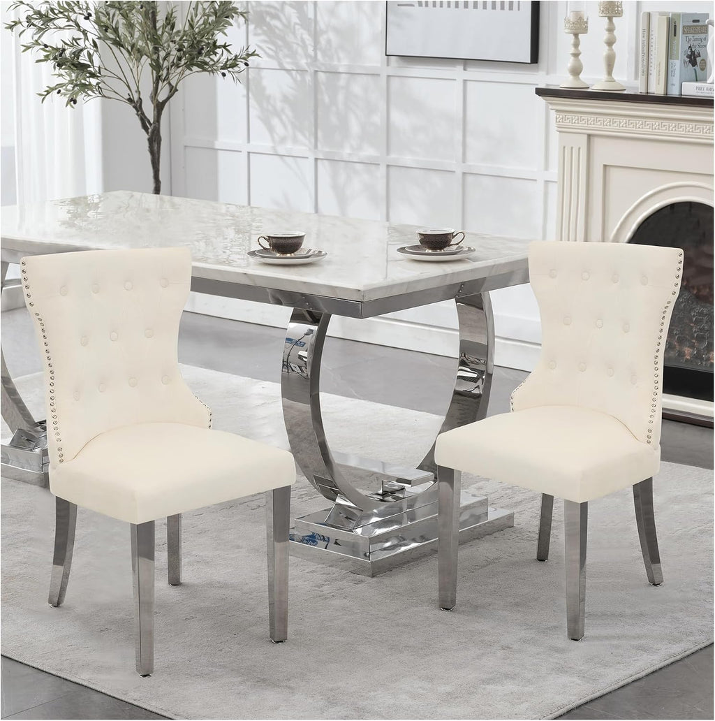 adochr Velvet Dining Chairs Set of 2, Upholstered Kitchen Chairs with Mteal Legs, Modern Button Tufted Back with Square Pull Ring Trim for Dining Room, Beige