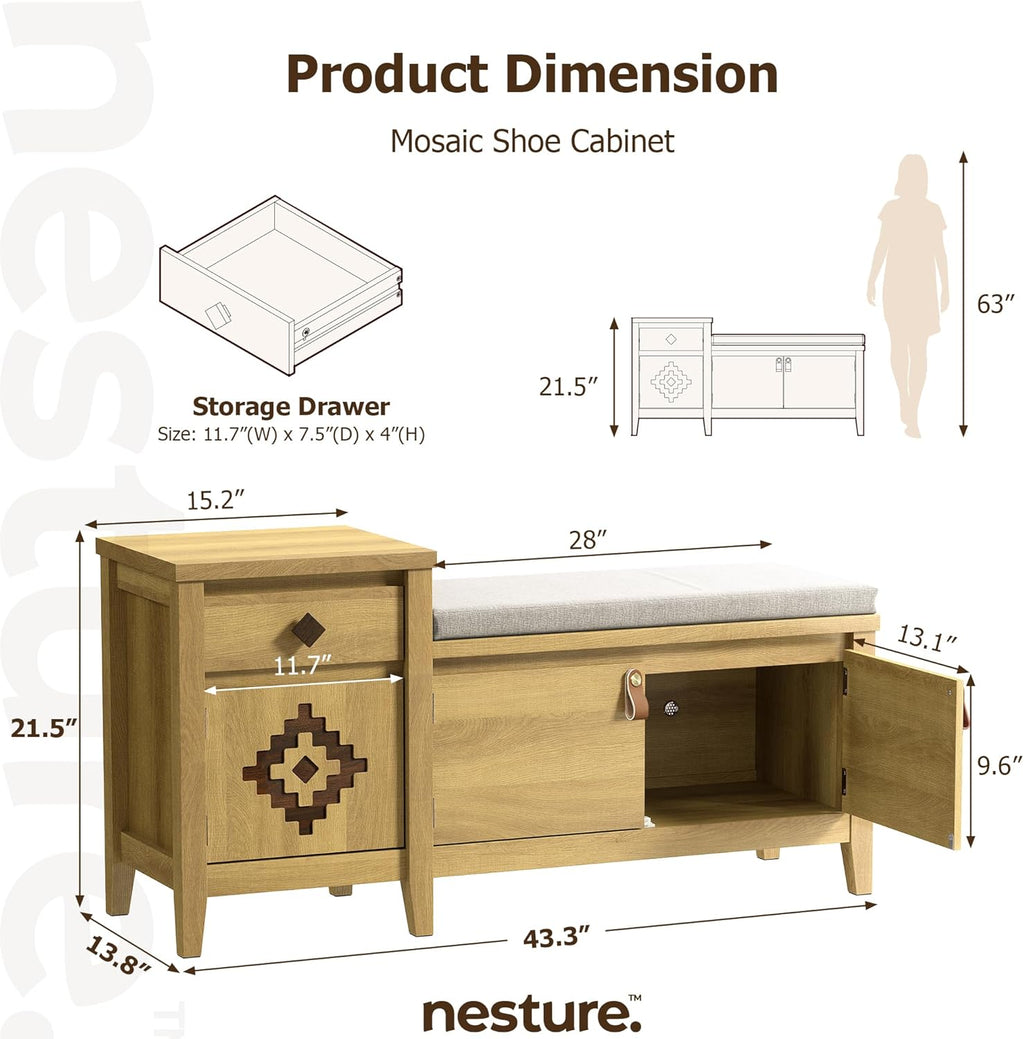 Entryway Bench with Storage, 3 in 1 Storage Bench with 1 Drawer and 2 Cubbies, 44" Rustic Wooden Seat with Cushion for Living Room, Bedroom, Entry Hall (Natural)