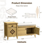 Entryway Bench with Storage, 3 in 1 Storage Bench with 1 Drawer and 2 Cubbies, 44" Rustic Wooden Seat with Cushion for Living Room, Bedroom, Entry Hall (Natural)