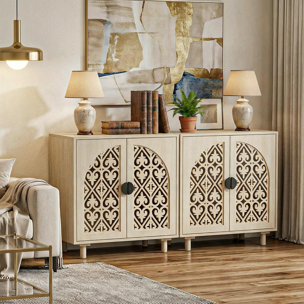 Boho Sideboard Buffet Cabinet, Decorative Storage Cabinet with Doors and Shelves, Wood Entryway Cabinet with Hollow Carving Design for Living Room, Kitchen,Hallway, Natural Wood