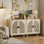 Boho Sideboard Buffet Cabinet, Decorative Storage Cabinet with Doors and Shelves, Wood Entryway Cabinet with Hollow Carving Design for Living Room, Kitchen,Hallway, Natural Wood