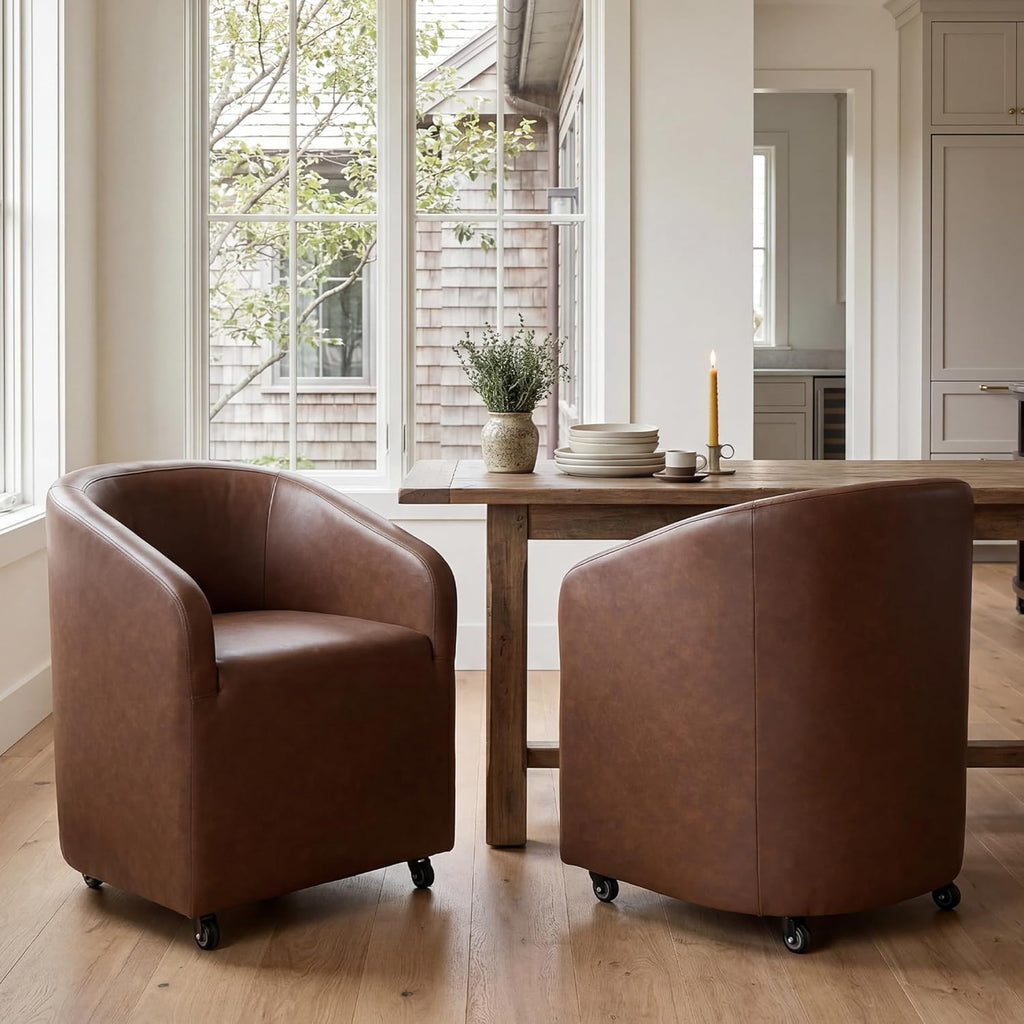 CIMOTA Brown PU Leather Barrel Dining Chairs with Wheels, Set of 1 — Modern Upholstered Swivel Dining Room Chairs on Casters for Kitchen, Living Room