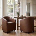 CIMOTA Brown PU Leather Barrel Dining Chairs with Wheels, Set of 1 — Modern Upholstered Swivel Dining Room Chairs on Casters for Kitchen, Living Room