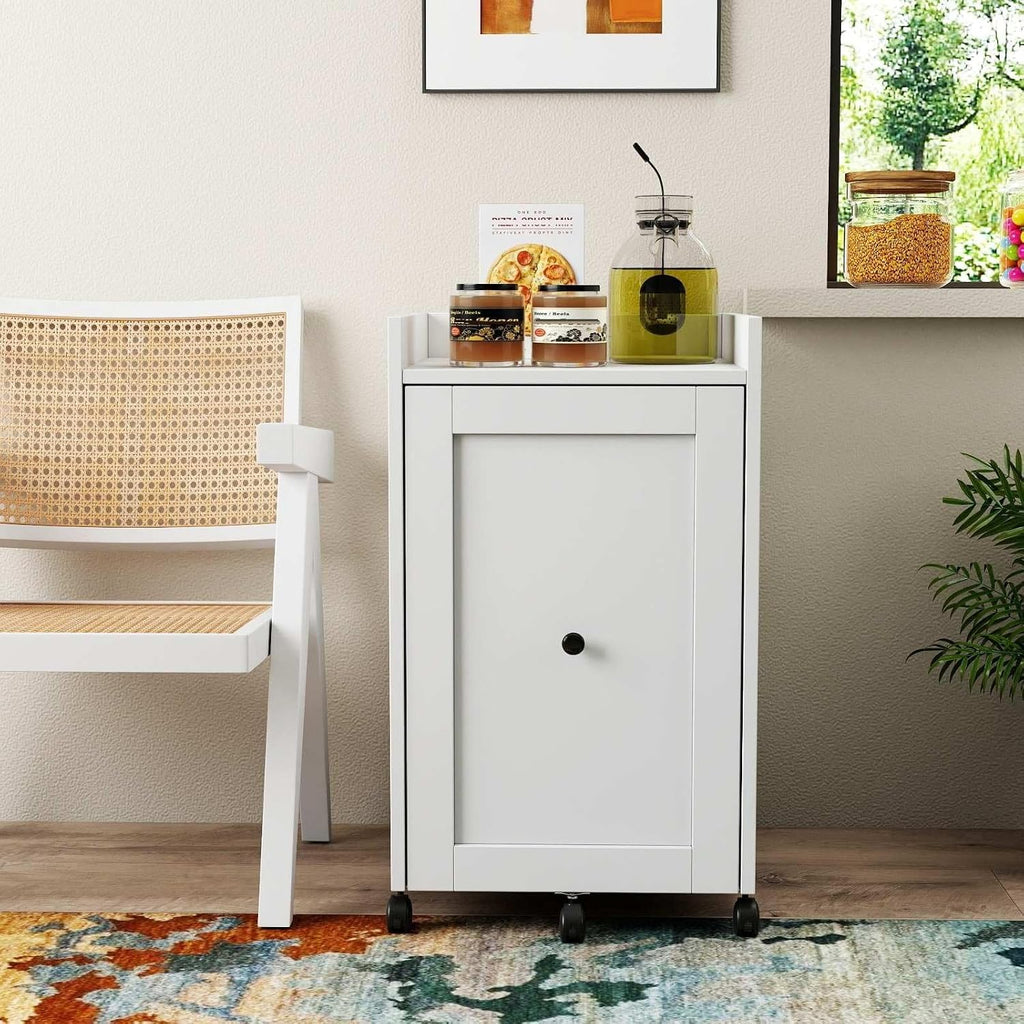 Sliding Pantry Organizer Cabinet with Wheels, 3 Tier Pull Out Snack Storage Rack for Kitchen, Bathroom, Laundry Room, White Mobile Food Organizer with Door & Shelves