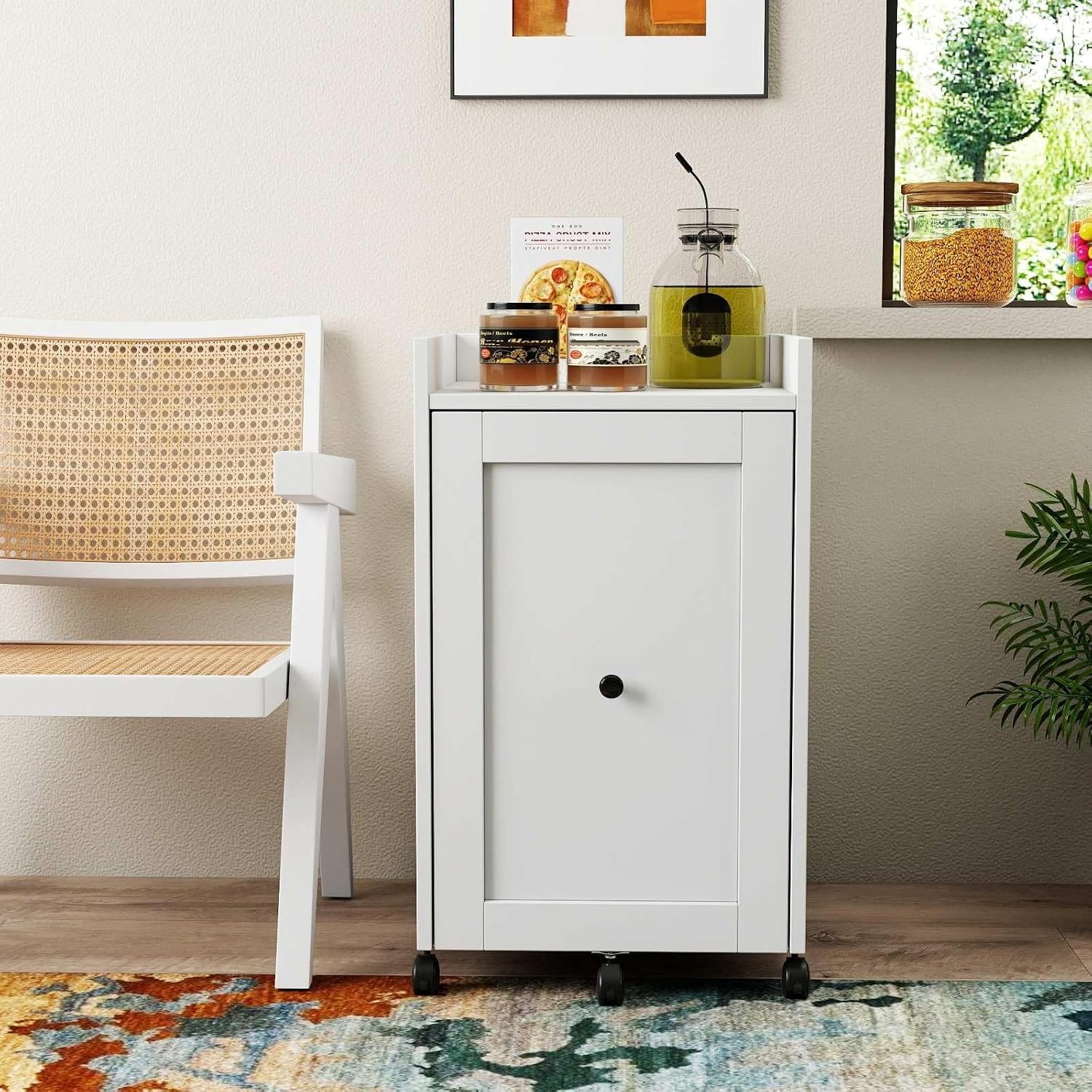 Sliding Pantry Organizer Cabinet with Wheels, 3 Tier Pull Out Snack Storage Rack for Kitchen, Bathroom, Laundry Room, White Mobile Food Organizer with Door & Shelves