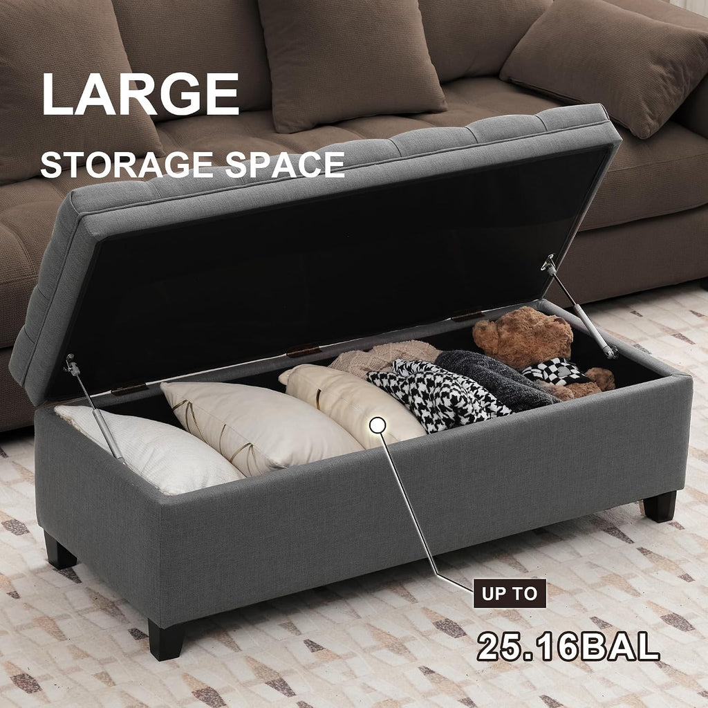 51" Storage Ottoman for Bedroom & Living Room, End of Bed Bench with Black Wooden Legs, Linen Upholstered Tufted Ottoman, Entryway Storage Bench,Dark Grey