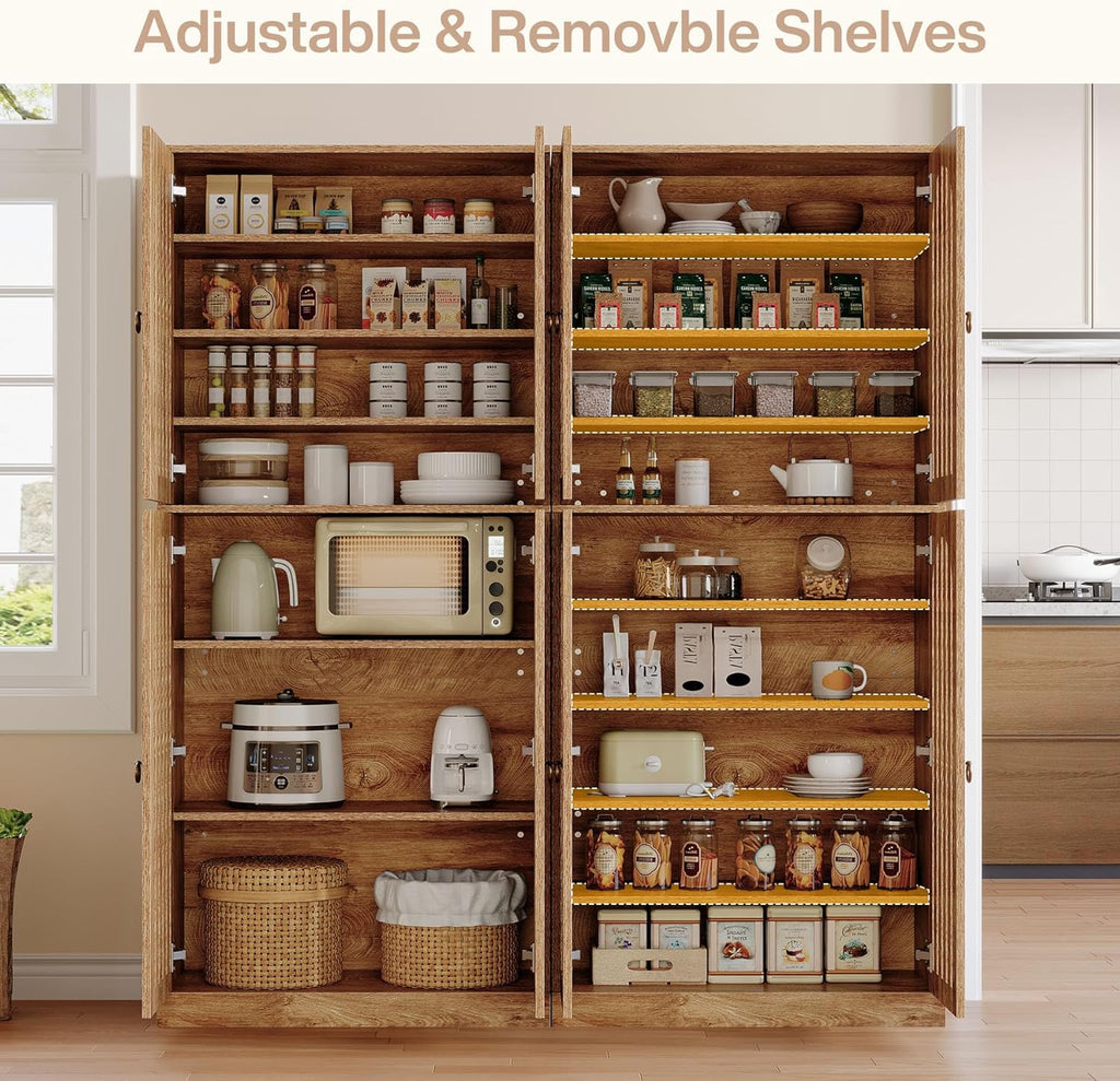 Tribesigns 70.86" Tall Kitchen Pantry Cabinet, Farmhouse Storage Cabinet with 4 Slatted Doors and 9 Storage Shelves, Rustic Wooden Cupboard for Kitchen, Dining Room, Living Room, Brown