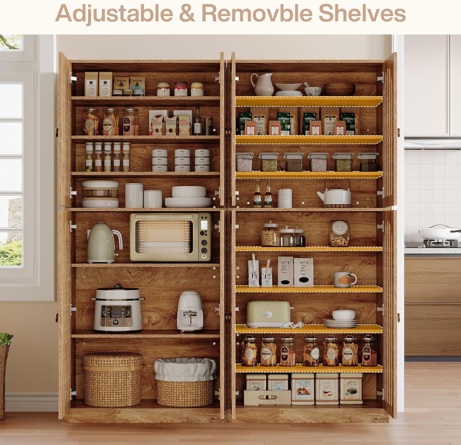 Tribesigns 70.86" Tall Kitchen Pantry Cabinet, Farmhouse Storage Cabinet with 4 Slatted Doors and 9 Storage Shelves, Rustic Wooden Cupboard for Kitchen, Dining Room, Living Room, Brown