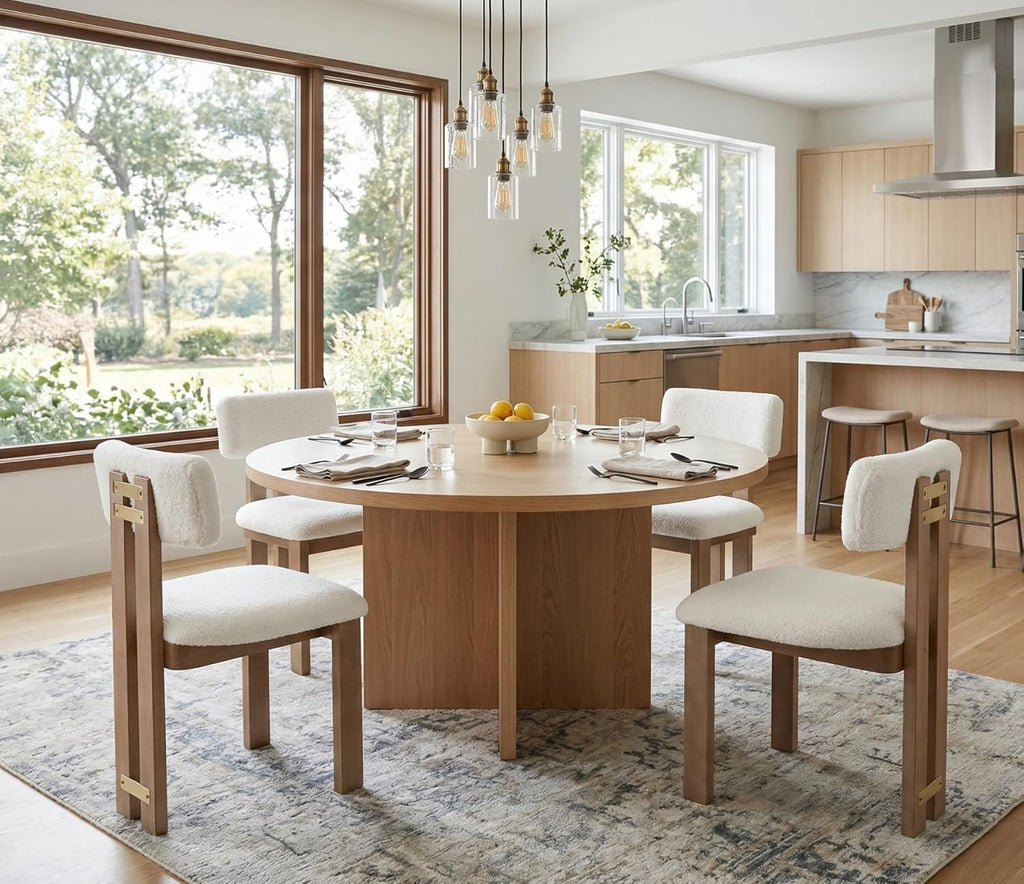BESTANO Sherpa Boucle Wooden Dining Chairs Set of 4, Modern Farmhouse Dining Room Kitchen Chairs with Curved Backrest Natural Wood Legs, Armless Dining Chairs, Beige