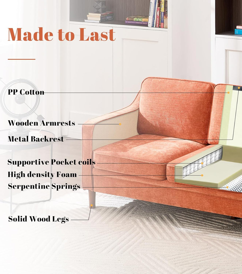 Kingfun 80" Chenille Sofa, 3 Seater Couch, Mid Century Modern Couches with Solid Wood Legs for Living Room & Bedroom, Orange
