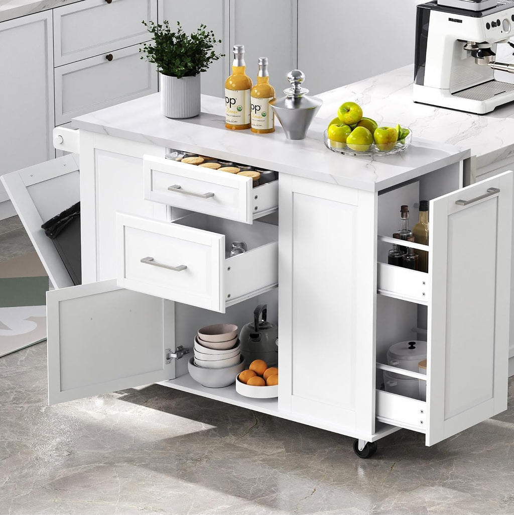 50.7" Kitchen Island with Trash Can Storage Cabinet & Drop Leaf | Island Table for Kitchen, White Faux Marble Top, Double-Tier Pull-Out Cabinet, Foldable Workspace, 5 Wheels