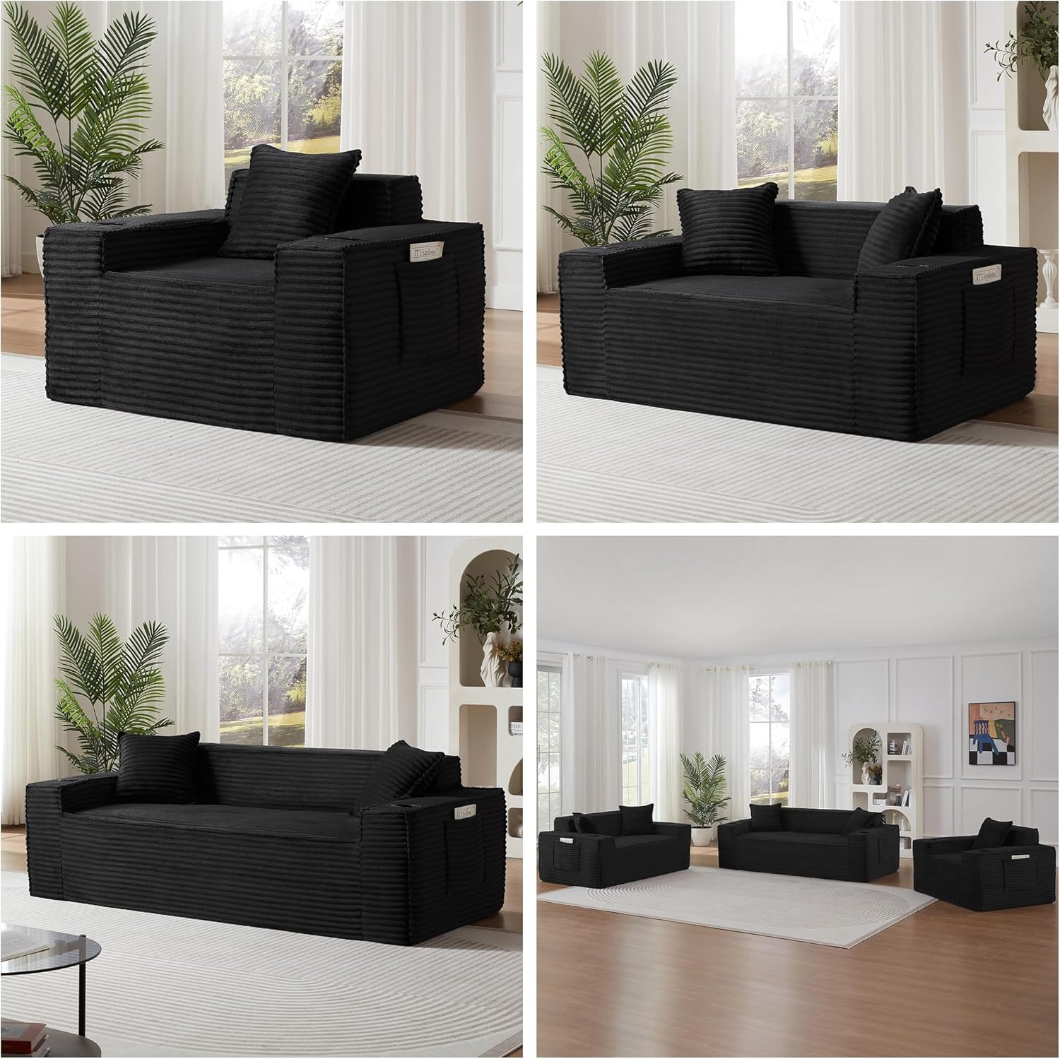 Sectional Sofa 3 Piece Set with Cup Holders & Side Pockets, Modern Corduroy Fabric Deep Seat Cloud Couch Living Room, Office, No Assembly (Black)