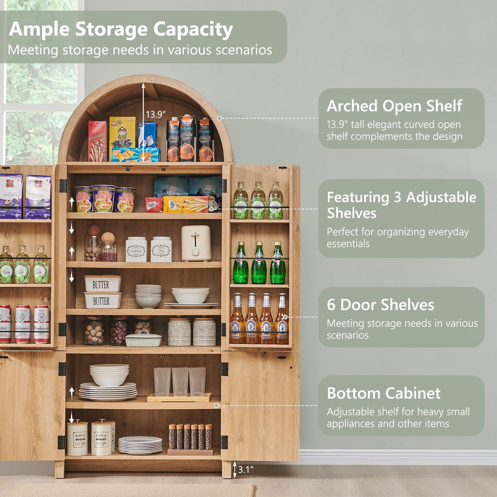 IFGET 71" Tall Arched Kitchen Pantry, Modern Fluted Storage Cabinet,Natural | Wooden Pantry Cabinet with Doors, 3 Adjustable Shelves, 6 Door Shelves, Organizer, Versatile Cupboard for Kitchen, Bathroom
