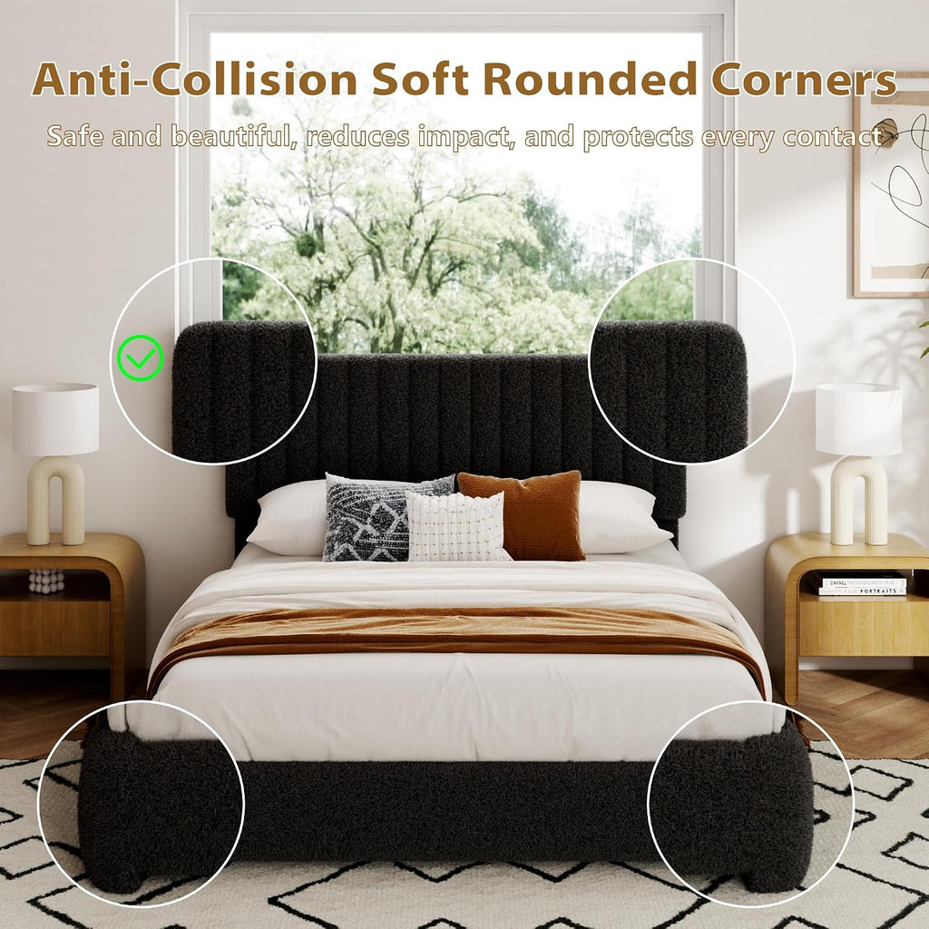Queen Size Boucle Bed Frame, Upholstered Cloud Platform Bed Frame with Adjustable Headboard, Vertical Tufted, Soft Rounded Corners, No Box Spring Needed, Noise Free Design, Easy Assembly, Black