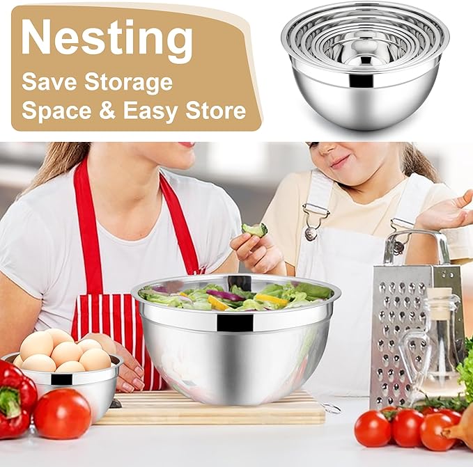E-far Mixing Bowls with Lids, 12-Piece Stainless Steel Salad Bowls Metal Nesting Bowls for Baking Cooking and Prepping, Airtight Lids & Stackable Design, Size 7, 4.5, 3, 1.5, 1.2, 0.7 QT (Khaki)