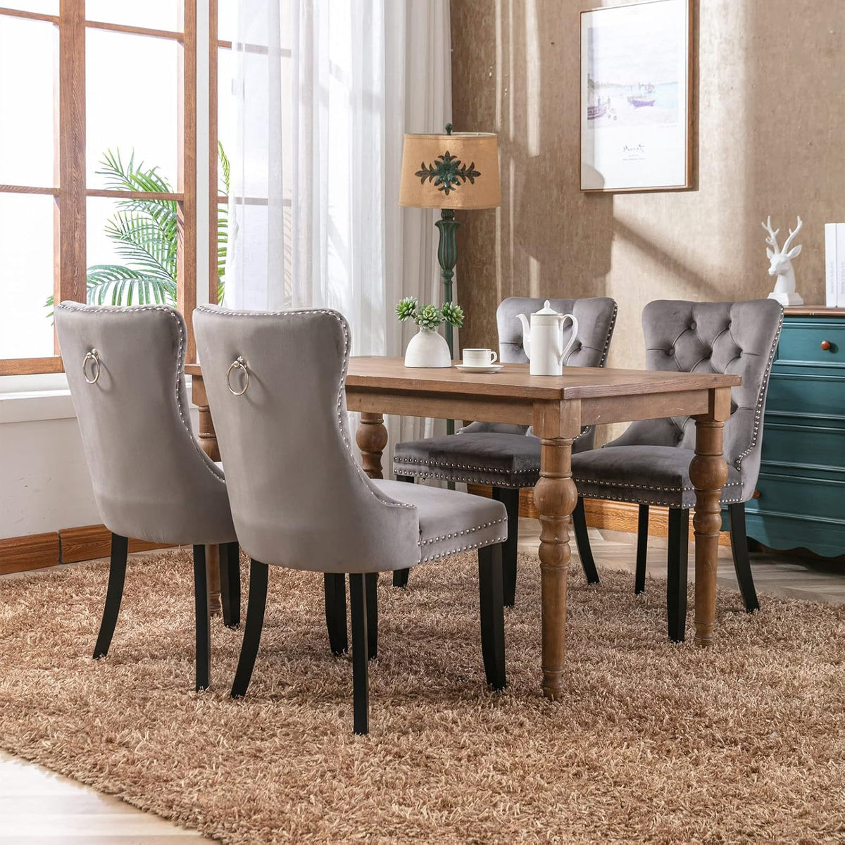 KEIKI Tufted Dining Room Chairs Set of 2, Velvet Kitchen Nailhead Trim Chairs with Solid Wood Legs and Padded Seat, Gray