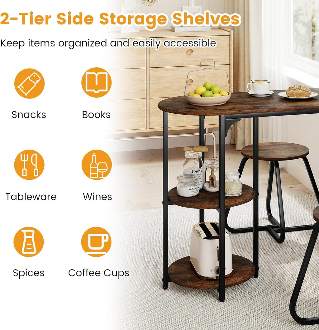 GOFLAME 3-Piece Dining Table Set, Wooden Industrial Kitchen Table and 2 Stools with 2-Tier Storage Shelves and Metal Frame, Space Saving Dinette Set for Living Room, Breakfast Nook, Rustic Brown