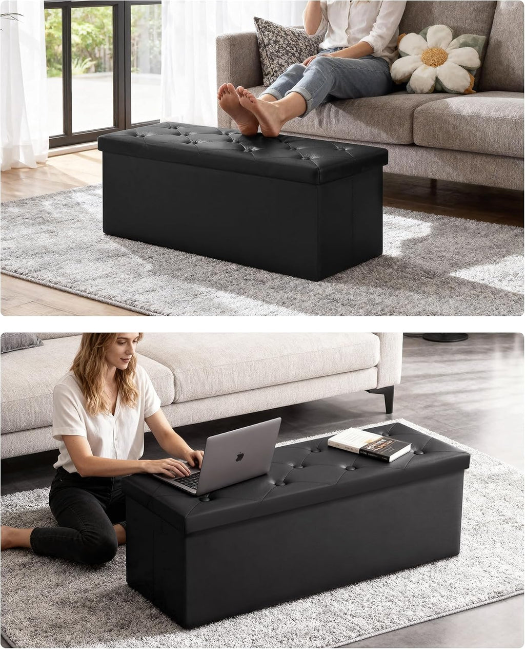 GLAXYFUR 43" Storage Ottoman Bench, Folding Ottoman with 2 Dividers, Black | End of Bed Bench, PU Leather Foot Rest, Storage Chest for Living Room, Bedroom and Entryway