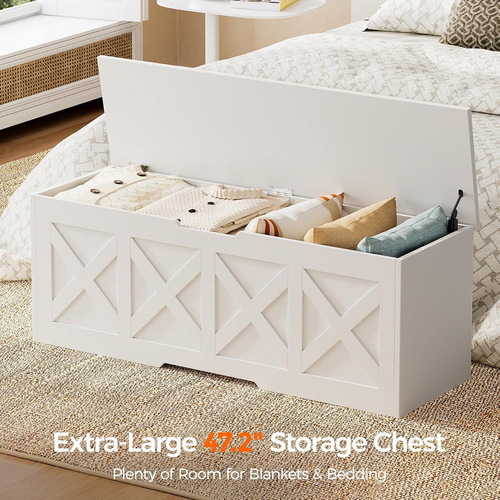 Homleke 47.2" Extra-Large Wooden Storage Chest, Farmhouse Storage Bench | with Safety Hinge, Easy Assembly, for Bedroom, Living Room & Entryway, White