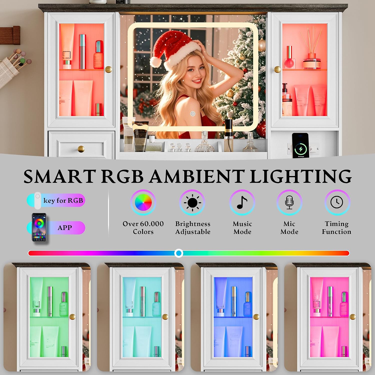 Xixini 43.3" Farmhouse Vanity Desk with LED Mirror, RGB Cabinets, White