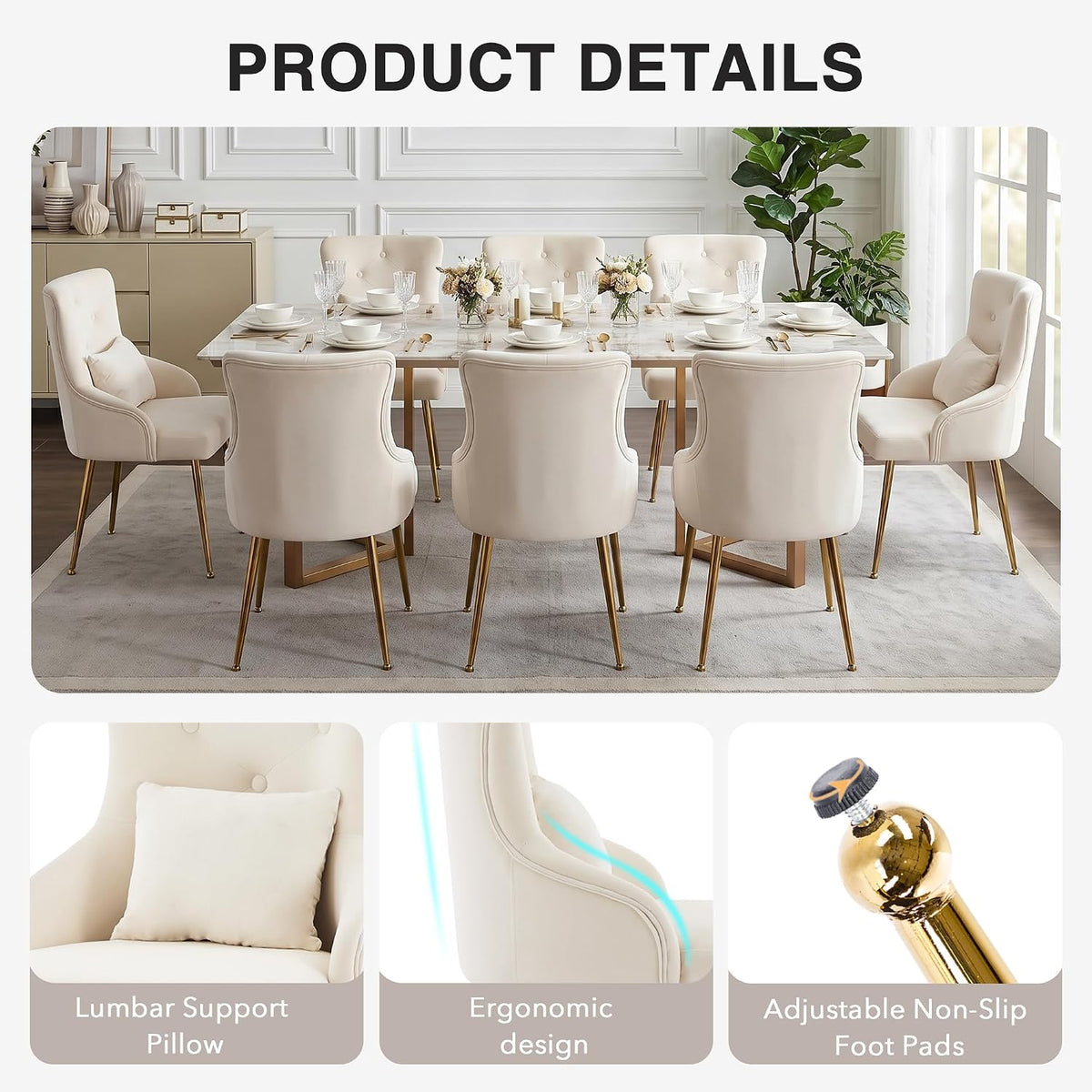Velvet Dining Chairs Set of 2, Upholstered Velvet Accent Chairs, Kitchen Chair with Metal Legs & Lumbar Pillow for Dining/Living Room/Vanity