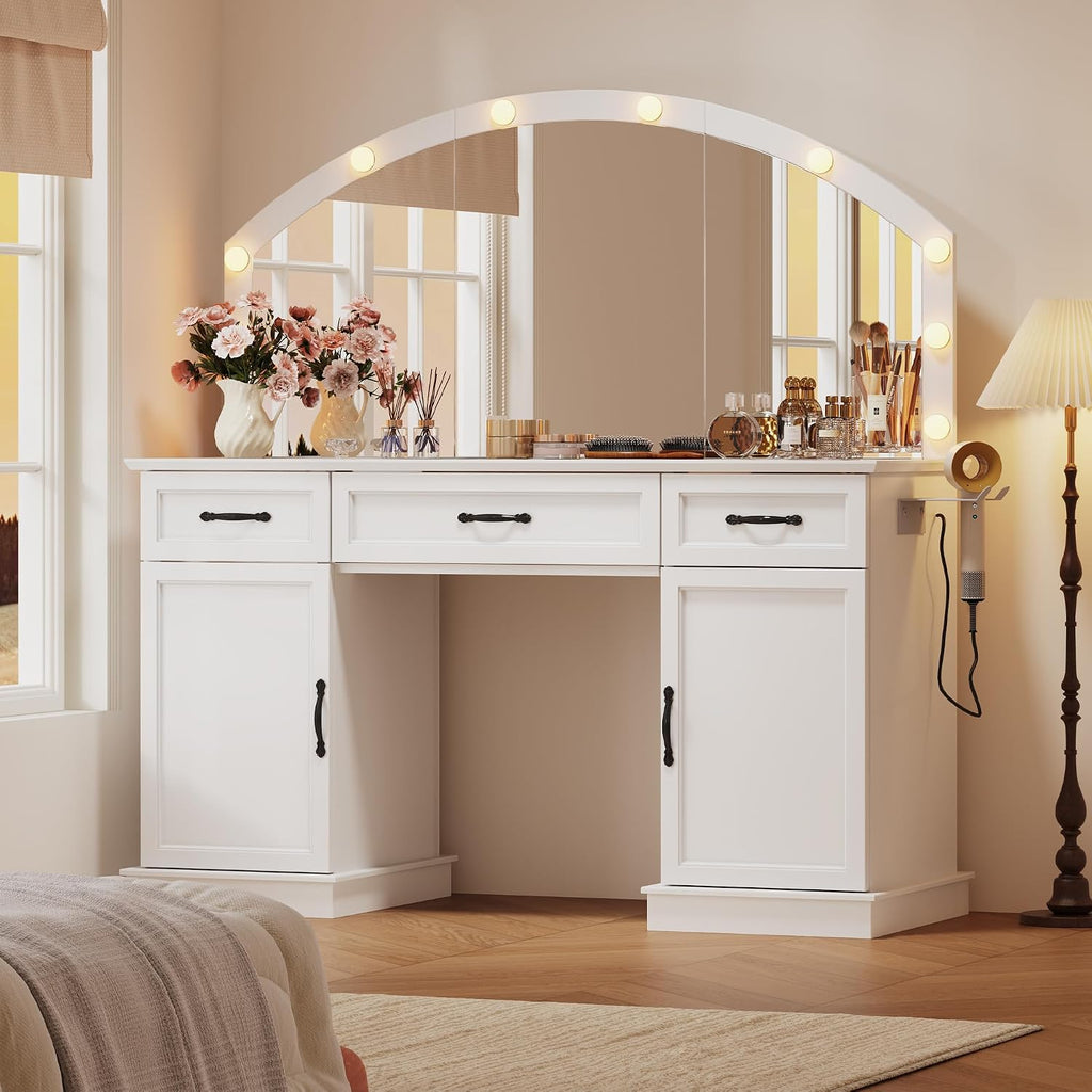 Vanity Table with Mirror and Lights, 55" Large LED Makeup Mirror with 3 Color Modes, Modern Dressing Table with Drawers and Cabinets, HD Glass Top Beauty Desk for Bedroom, Gift for Women