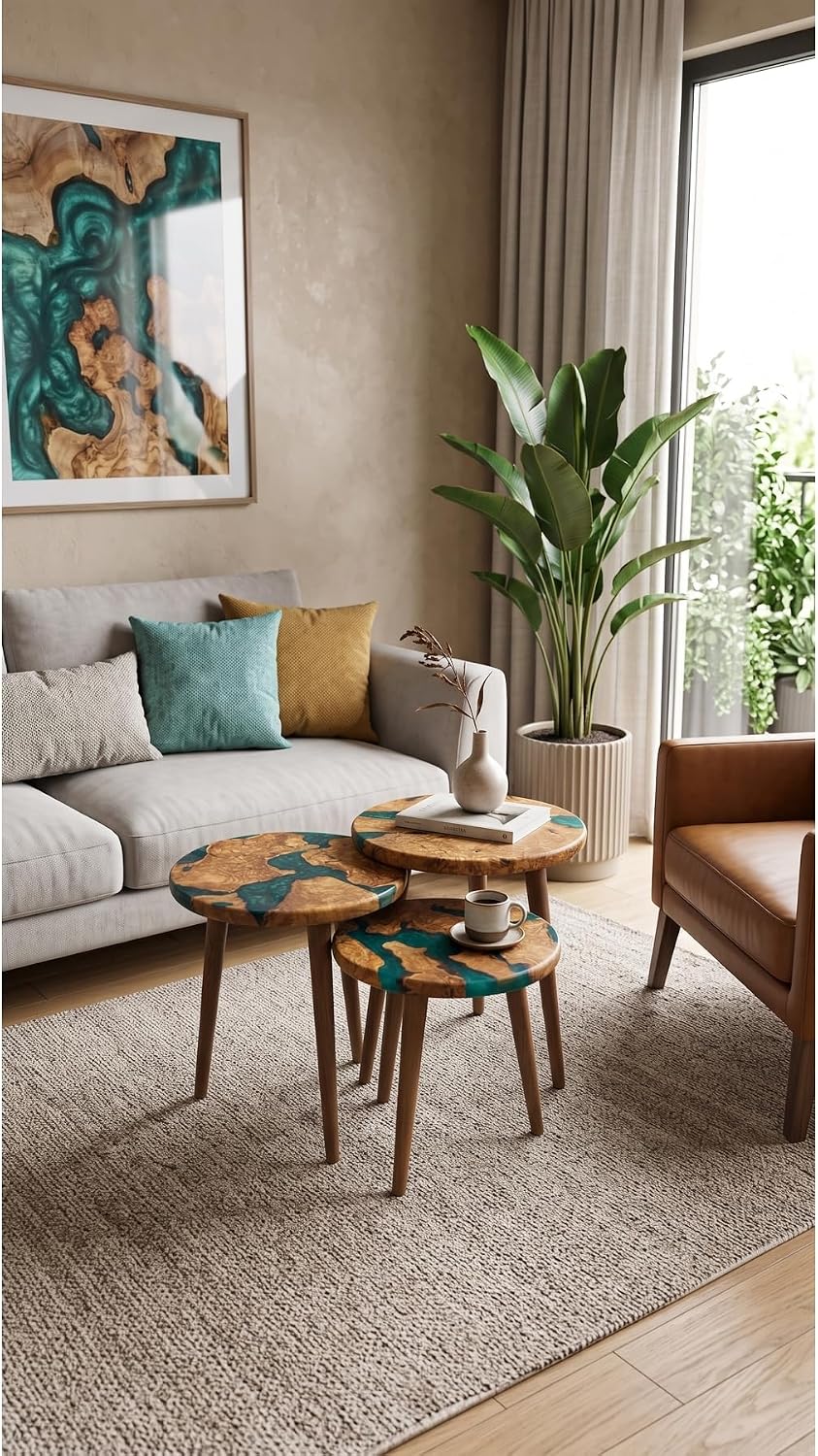 3-Piece Round Nesting Side Table Set 15.7 in Diameter | Olive Wood & Green Epoxy | Modern Scandinavian Style | Wood Grain | Durable & Easy Easy to Wipe | GÖKÇESAN MOBİLYA - Olive Green