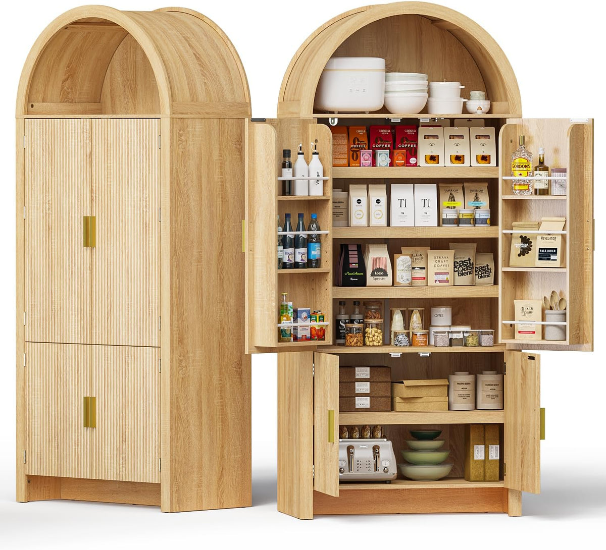 PRETZI 71" Arched Cabinet with Doors, Tall Arched Kitchen Pantry Storage Cabinet and Adjustable Shelves, Modern Fluted Natural Wood Cupboard for Kitchen, Dining Room, Bathroom