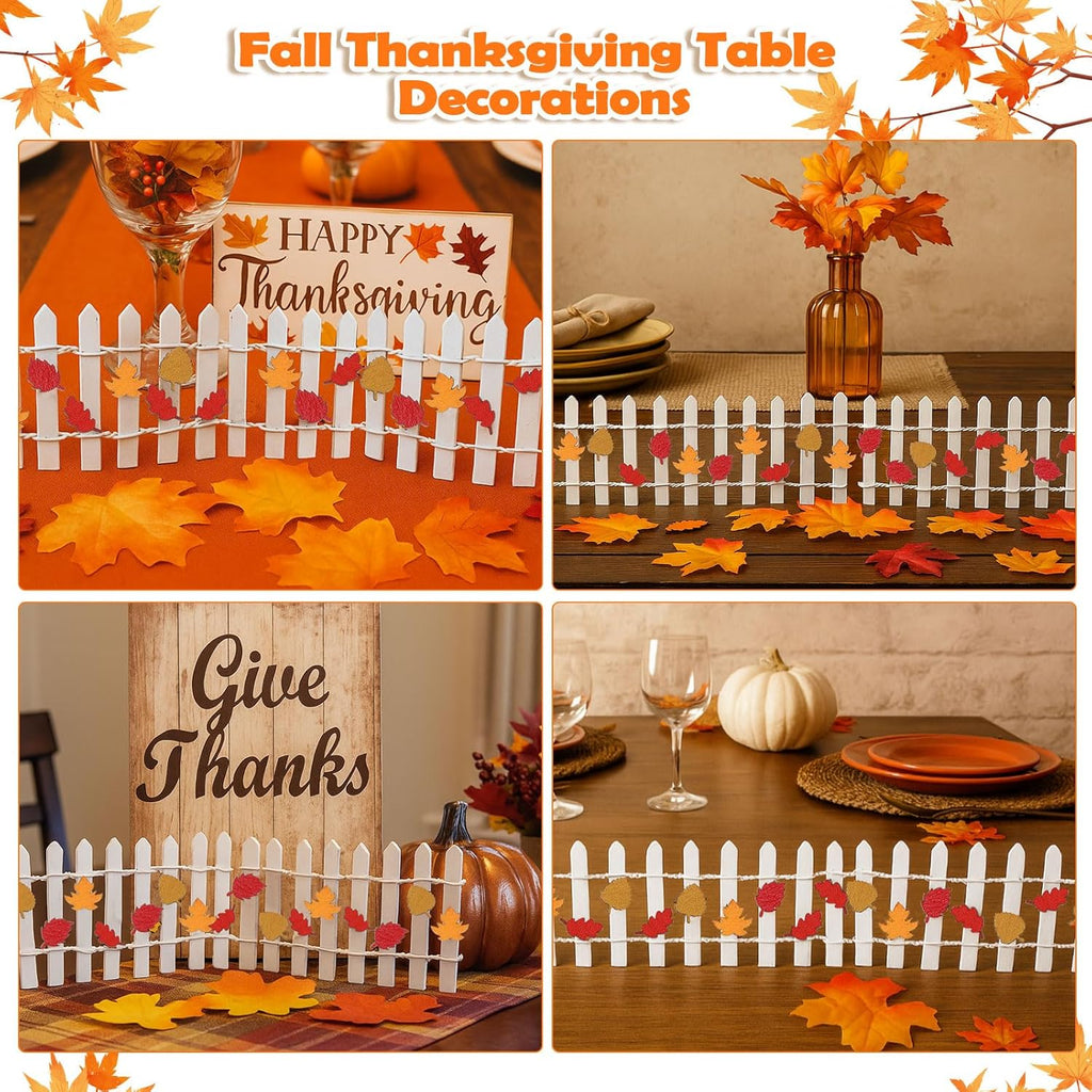 Thyle Thanksgiving DIY Mini Fairy Garden Fence Fall Wood Picket Crafts with 35 Inches Wood Picket Fence 100 Wooden Leaves and Glue for Autumn Centerpieces Thanksgiving Activity(White)