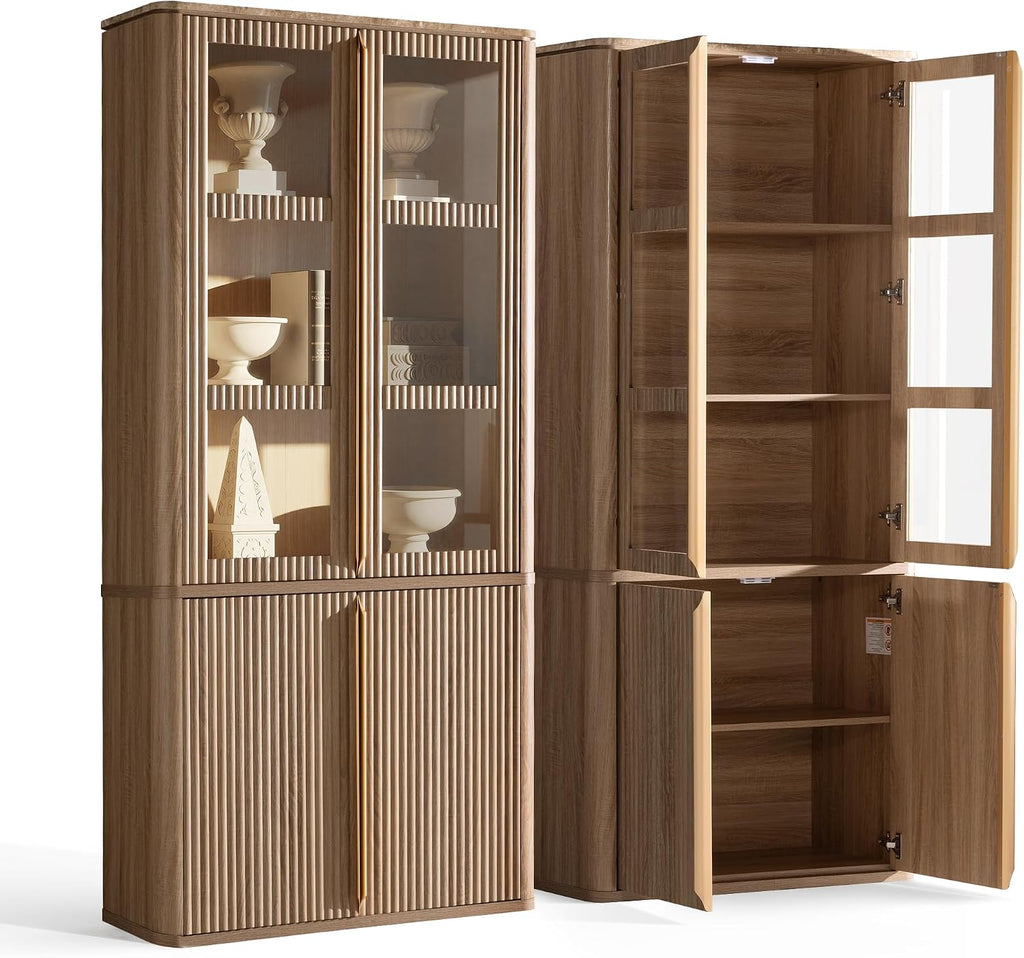 77" Tall Pantry Cabinets with Glass Doors, Fluted Storage Cabinet, Oak 1pc | Wooden Kitchen Food Cupboard, Adjustable Shelves, Modern Display Storage Closet for Living Room, Dining Room, Office