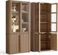 77" Tall Pantry Cabinets with Glass Doors, Fluted Storage Cabinet, Oak 1pc | Wooden Kitchen Food Cupboard, Adjustable Shelves, Modern Display Storage Closet for Living Room, Dining Room, Office