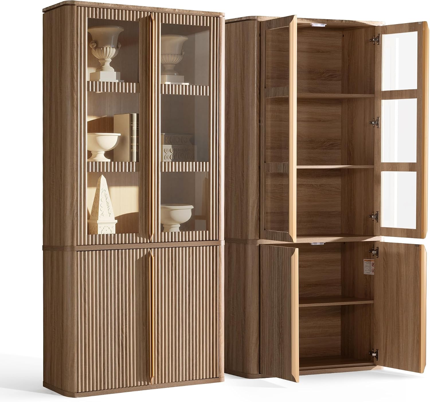 77" Tall Pantry Cabinets with Glass Doors, Fluted Storage Cabinet, Oak 1pc | Wooden Kitchen Food Cupboard, Adjustable Shelves, Modern Display Storage Closet for Living Room, Dining Room, Office