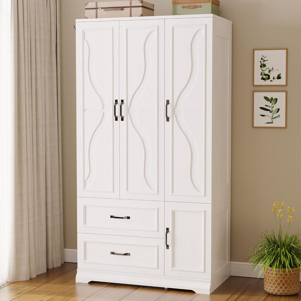 LIKIMIO Armoire Wardrobe Closet with 4 Doors and Drawers, White | Wardrobe Cabinet with Storage Shelves and Side Hooks, Clothing Storage Cabinet for Bedroom