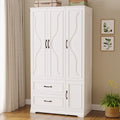 LIKIMIO Armoire Wardrobe Closet with 4 Doors and Drawers, White | Wardrobe Cabinet with Storage Shelves and Side Hooks, Clothing Storage Cabinet for Bedroom