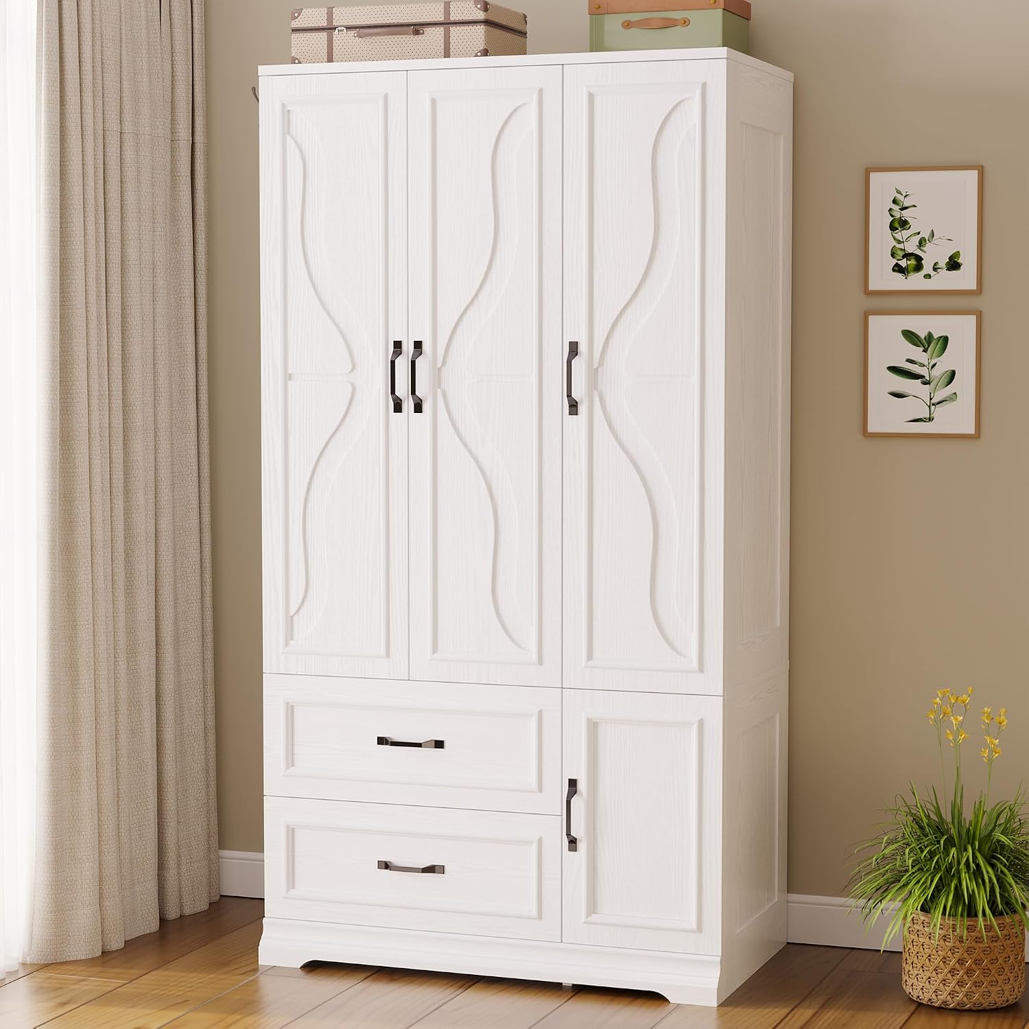 LIKIMIO Armoire Wardrobe Closet with 4 Doors and Drawers, White | Wardrobe Cabinet with Storage Shelves and Side Hooks, Clothing Storage Cabinet for Bedroom