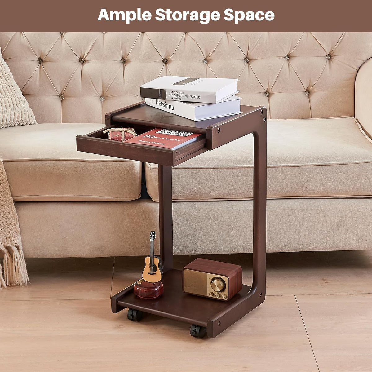 Uniclinens C Table for Sofa, Rolling Side Table with Wheels, Sofa Table with Storage, Narrow Sofa Tray, Skinny Thin Side Table, Solid Wood Slim Small Couch End Table for Living Room, Walnut