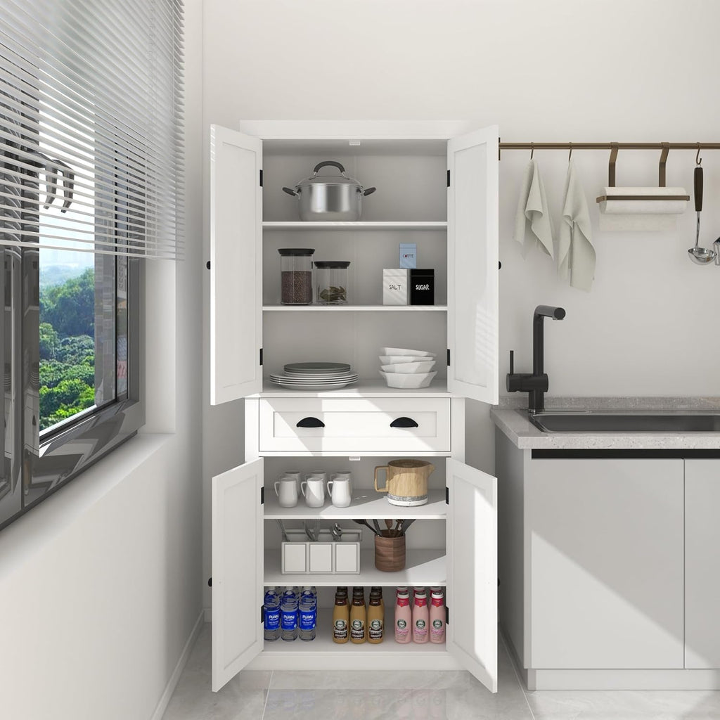 RASOO 70.87" Hutch Cabinet with Storage Freestanding White Pantry Storage Cabinet with 1 Drawer and 4 Doors, 3 Adjustable Shelves Inside of The Buffet Cabinet