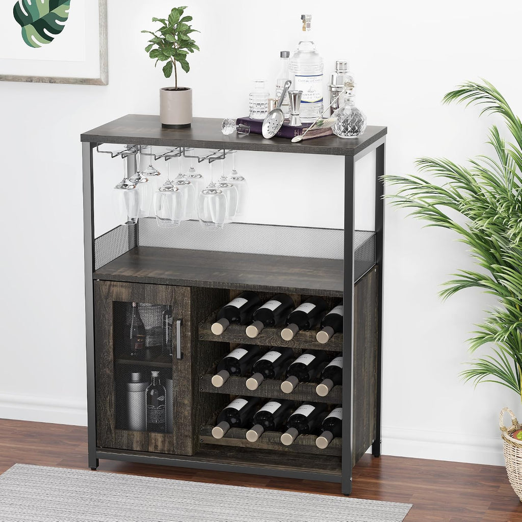 Takywep 3-Tier Wine Bar Cabinet with Removable Wine Rack, Glass Holder, Industrial Buffet Cabinet with Mesh Doors, Storage Sideboard for Kitchen, Dining Room, Living Room