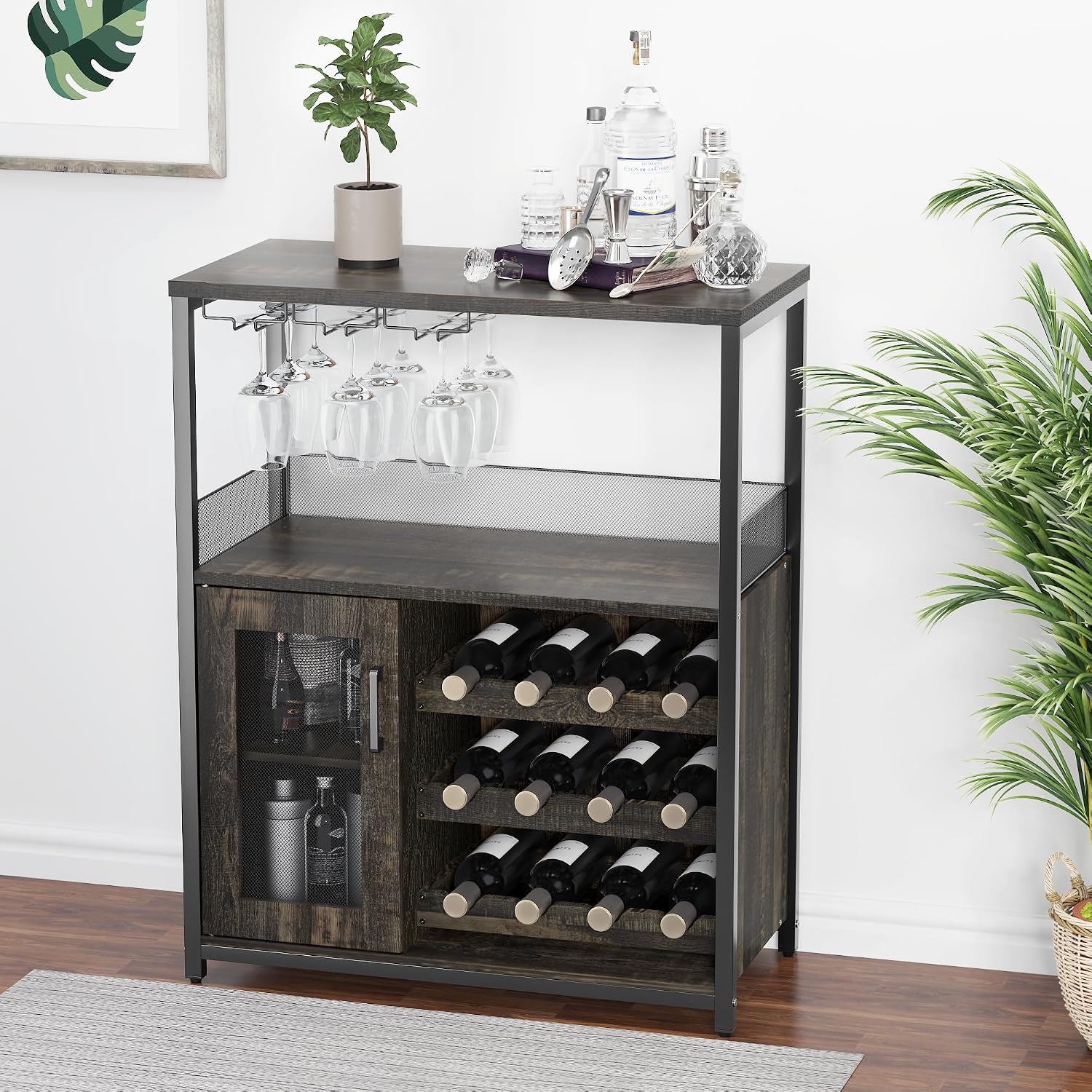 Takywep 3-Tier Wine Bar Cabinet with Removable Wine Rack, Glass Holder, Industrial Buffet Cabinet with Mesh Doors, Storage Sideboard for Kitchen, Dining Room, Living Room