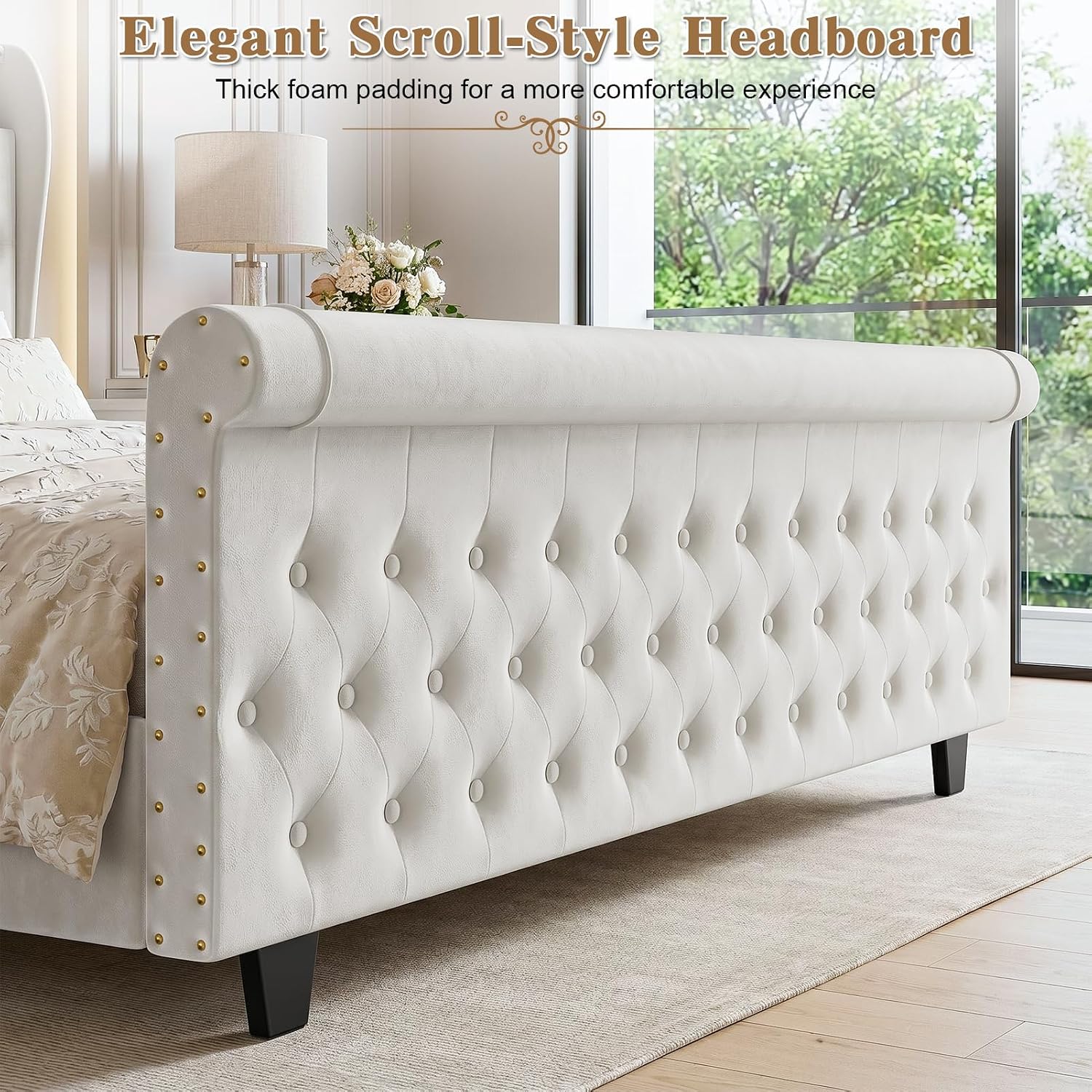 King Size Bed Frame with 51.2" Tall Lighted Storage Headboard and Charging Station, Velvet Upholstered Tufted Wingback Platform Bed with Footboard, No Box Spring Needed, Noise-Free
