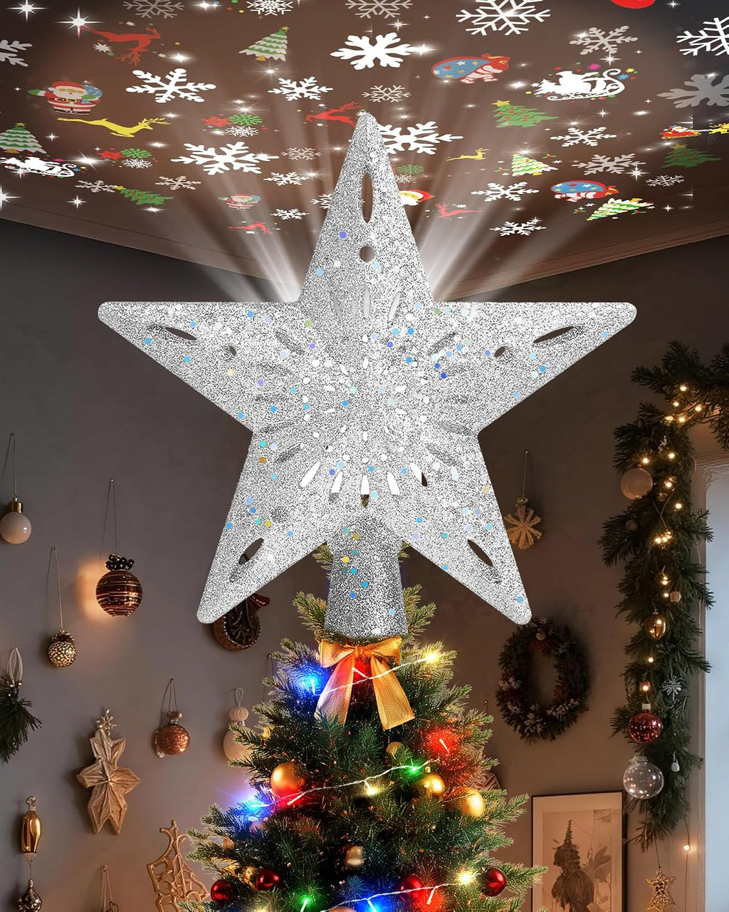 Winpull Christmas Tree Topper Star Lighted with 32.8ft Breathing Flickering Light Cord & 6 LED Projection Modes, Silver Christmas Star Topper for Indoor Xmas Holiday Tree Decoration