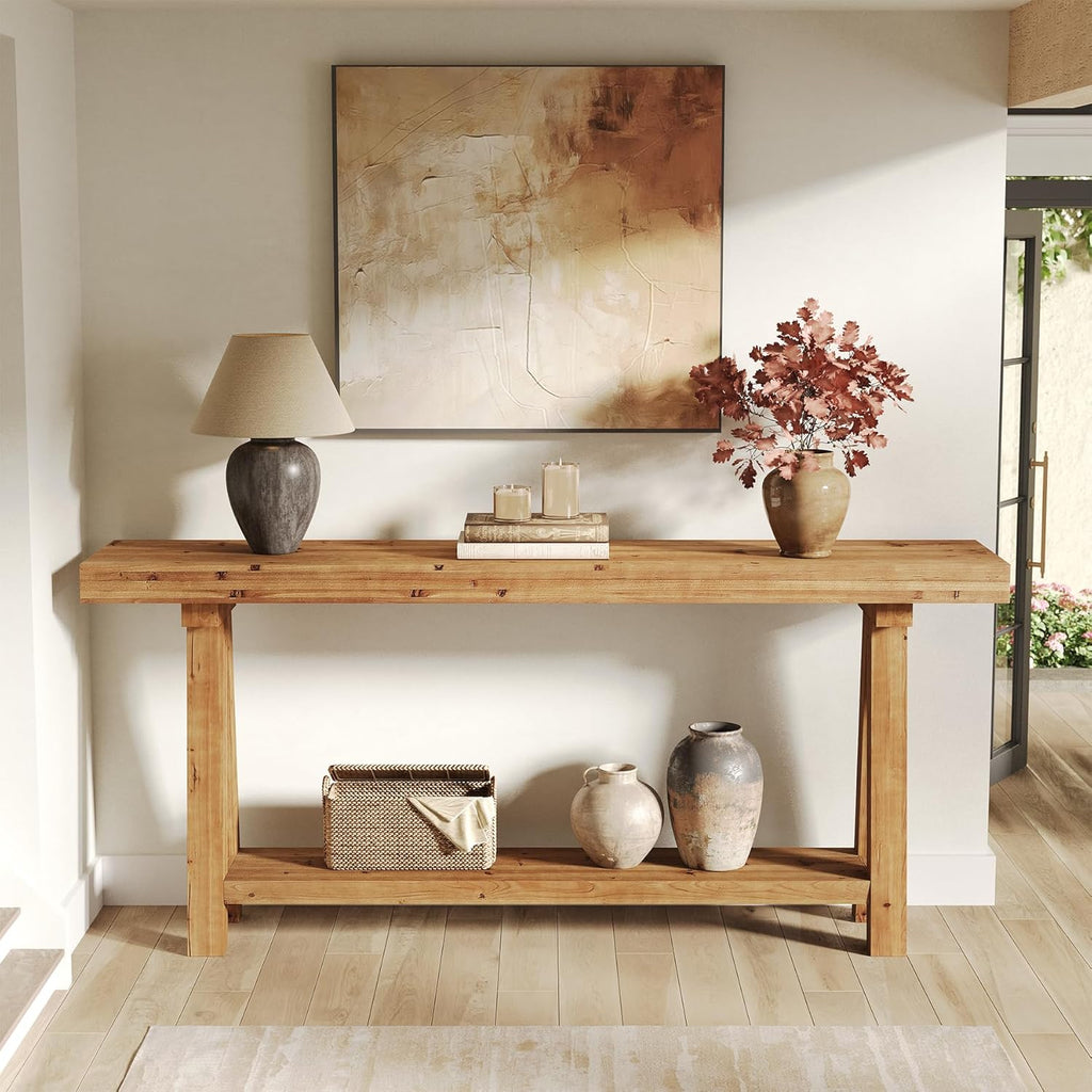 70.9-Inch Solid Wood Console Table for Entryway, Farmhouse Long Sofa Table with Shelves for Living Room, Hallway, Foyer, Easy Assembly