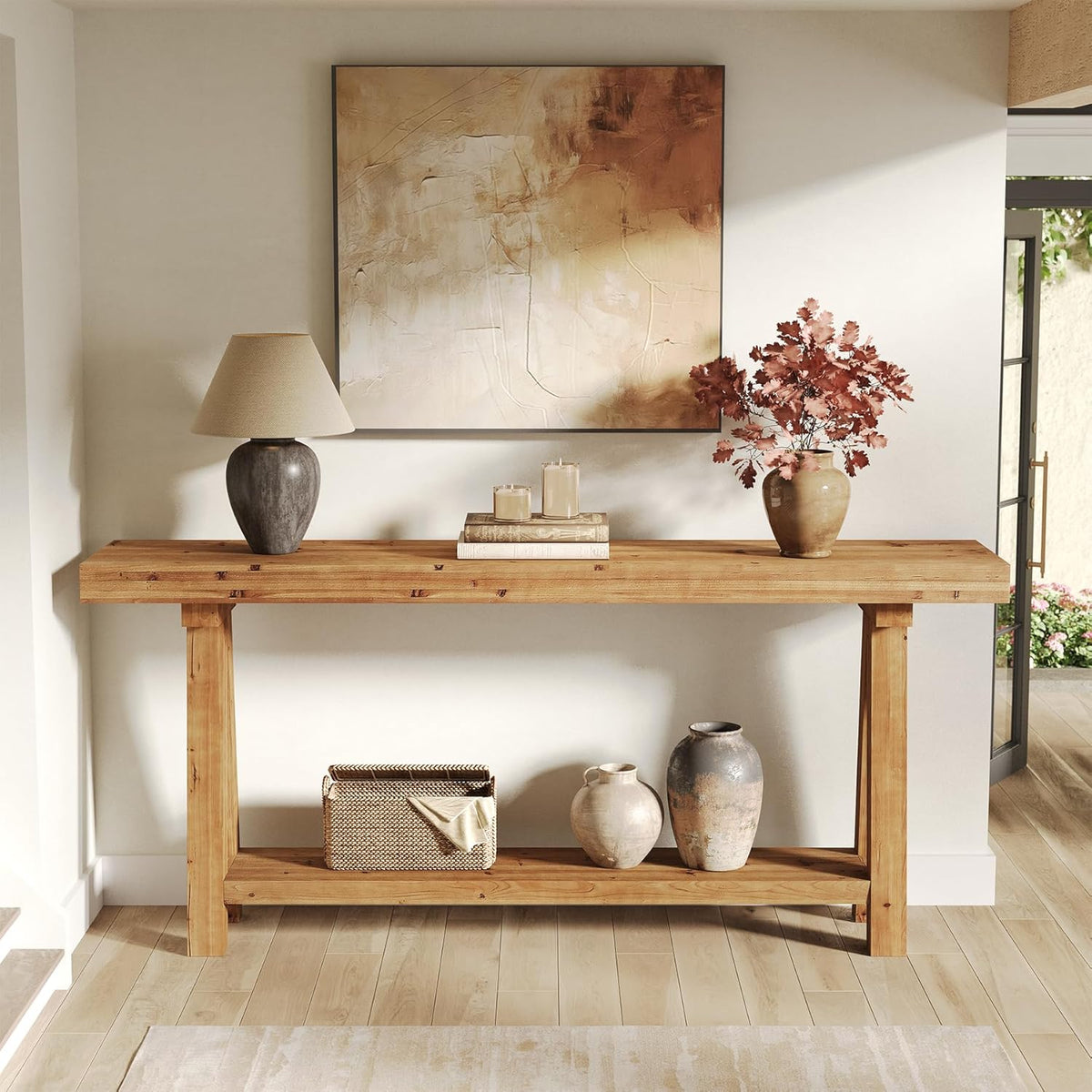 70.9-Inch Solid Wood Console Table for Entryway, Farmhouse Long Sofa Table with Shelves for Living Room, Hallway, Foyer, Easy Assembly