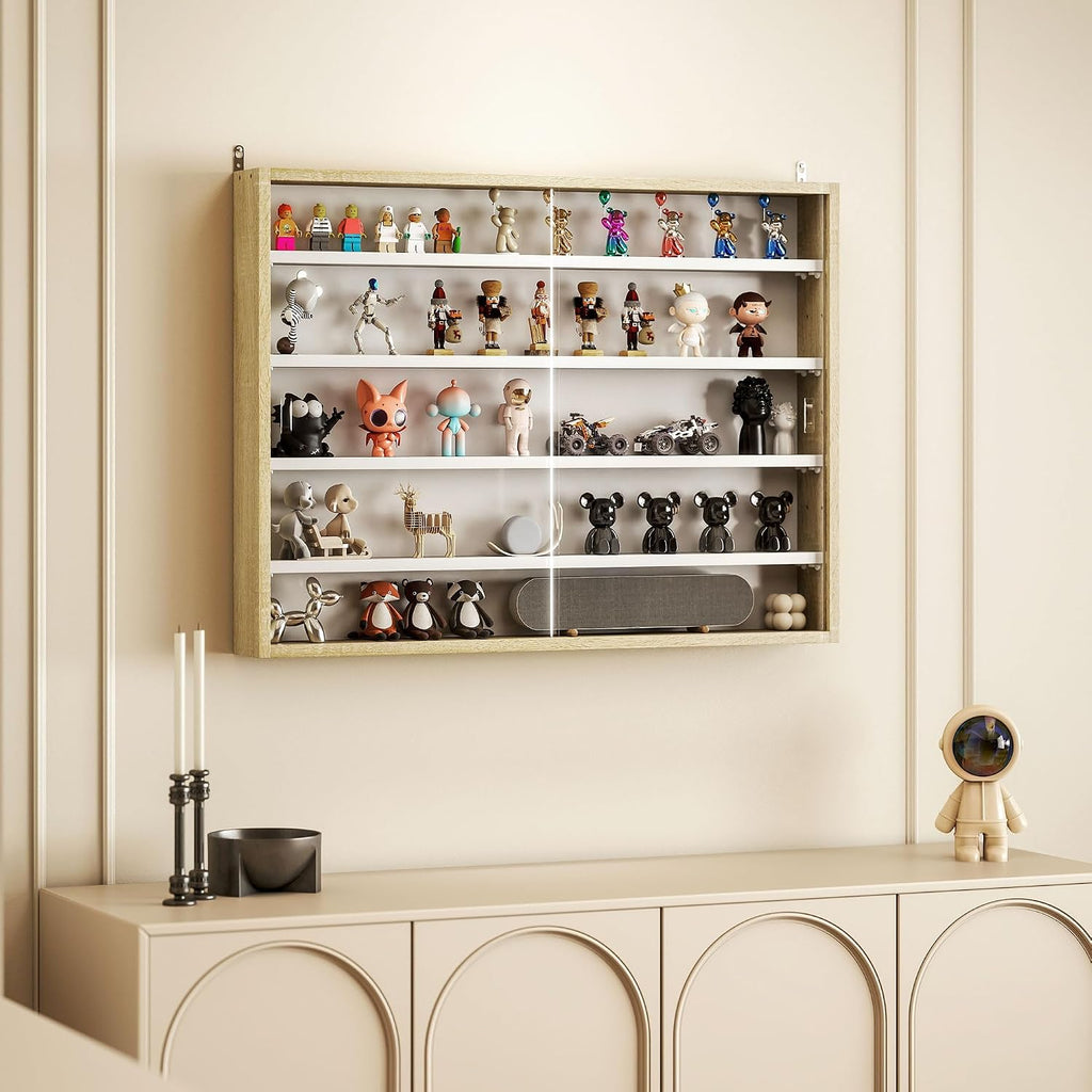HOMCOM 5-Tier Wall Mounted Display Cabinet Glass Doors 60x80cm White/Oak | Display Case, 4 Adjustable Shelves, for Home Office Ornaments