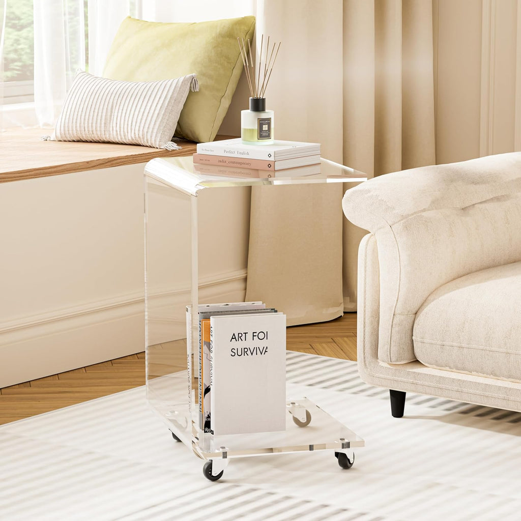 C-Shape Acrylic Side Table with Wheels,13.8" L x 13" W x 22" H x 1/2" Thick Clear End Table,Transparent Nightstand with Waterfall Edges,Modern Lucite Side Table for Living Room