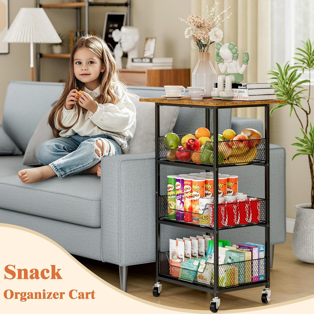 ThreeHio Rolling Kitchen Microwave Cart with Fruit Baskets, 4 Tier Microwave Table Stand with Storage, Kitchen Storge Shelf on Wheels Small Rolling Cart Organizer Rack for Pantry, Living Room