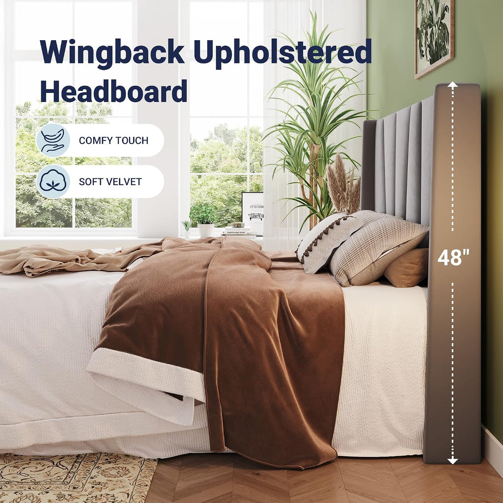 Allewie King Size Platform Velvet Bed Frame with Geometric Wingback Headboard, Boho Upholstered Bed with Wooden Slats Support, No Box Spring Needed, Easy Assembly, Light Grey